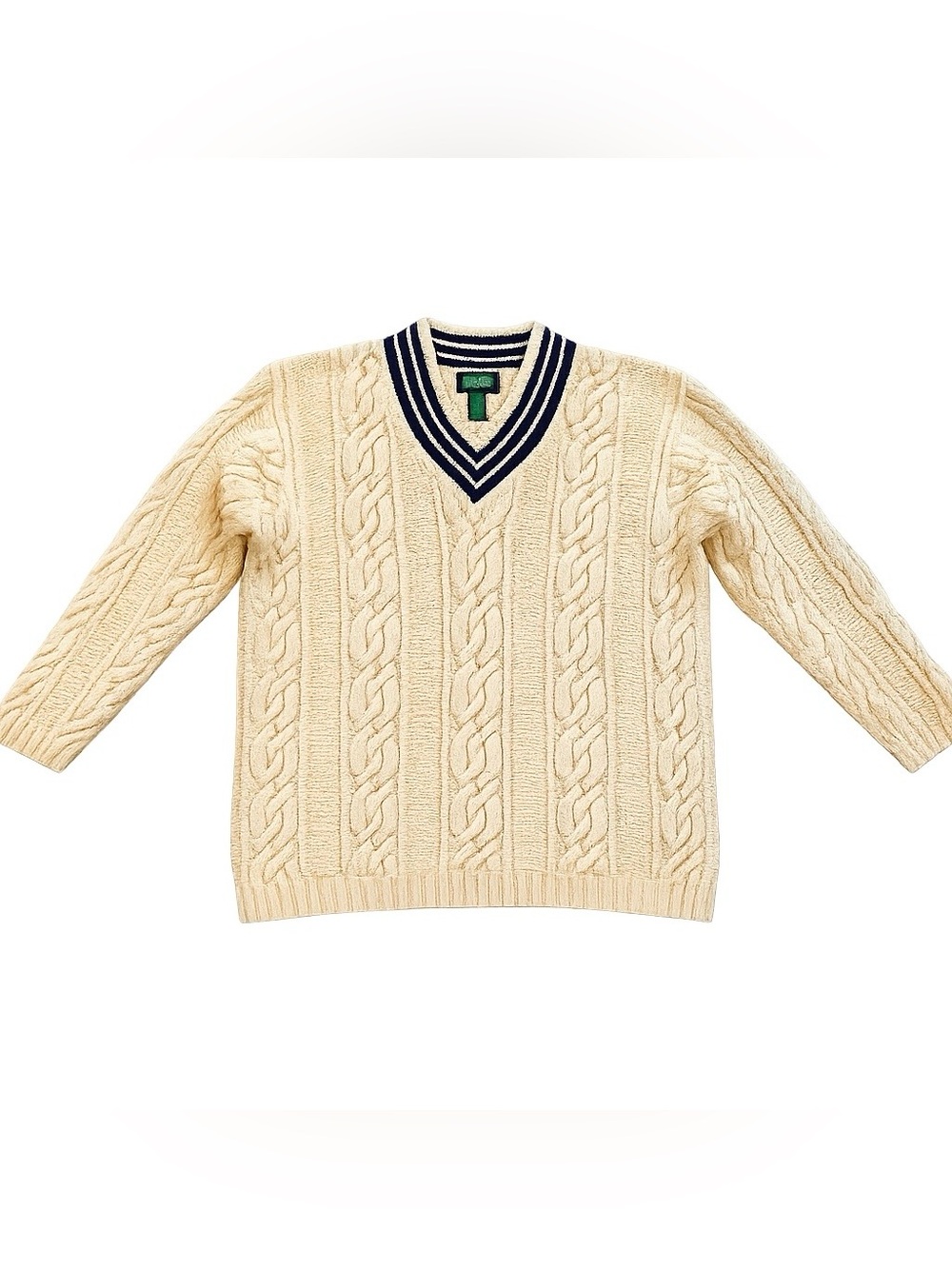 VTG Lauren Ralph Lauren Exclusive Hand Knit Sweater L Cricket Cable Yellow Navy